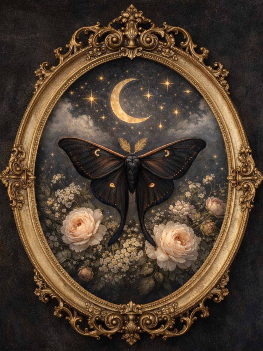 NEW Midnight Moth & Moon Dark Moth Floral Wall Art Celestial Moon Print 8"x10"